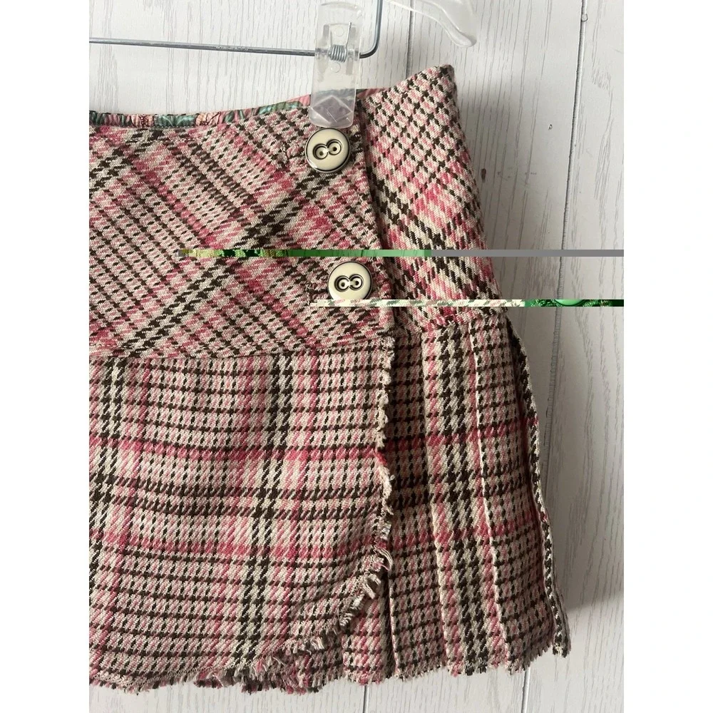 Y2K Abercrombie Fitch Mini Skirt Pink Brown Plaid Pleated Wool Blend & Silk Sz 8